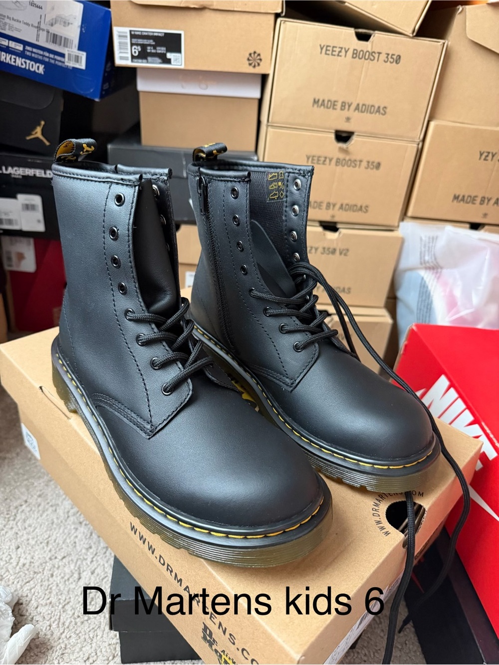 Dr. Martens Black Leather Lace-Up Youth Boots with Yellow Stitching NEW